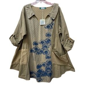 NWT Blue Fish Tunic Dress XXL Green Navy Floral Hand Printed Sz II Lagenlook